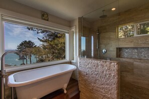 Combined shower/tub, hair dryer, towels