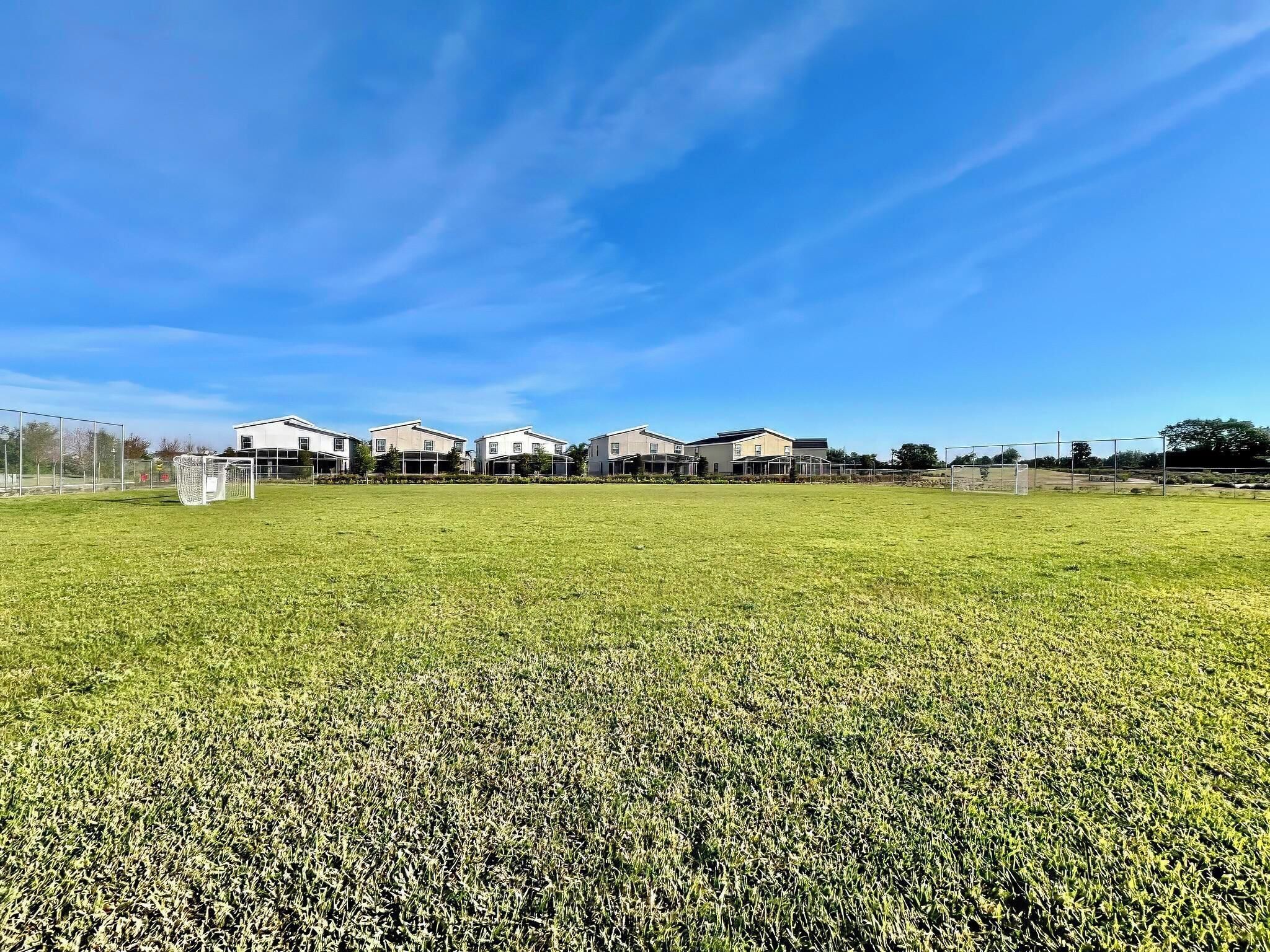 A grassy field with a soccer goal and a row of modern houses in the background.