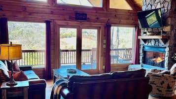 Smart TV, lareira, DVD player, livros