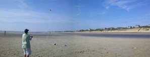 Une plage où une personne fait voler un cerf-volant.