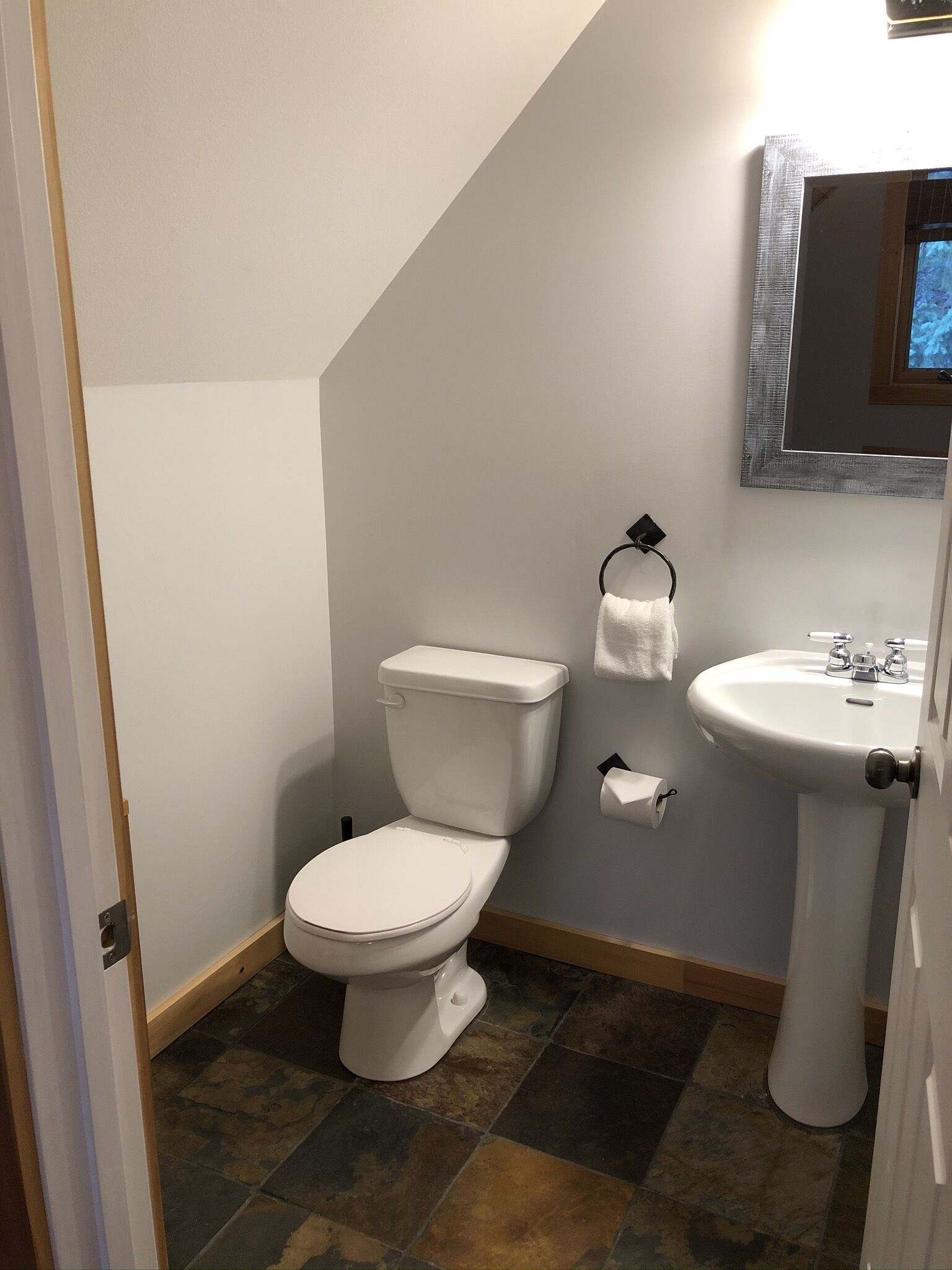A bathroom with a toilet, sink, and a towel rack.