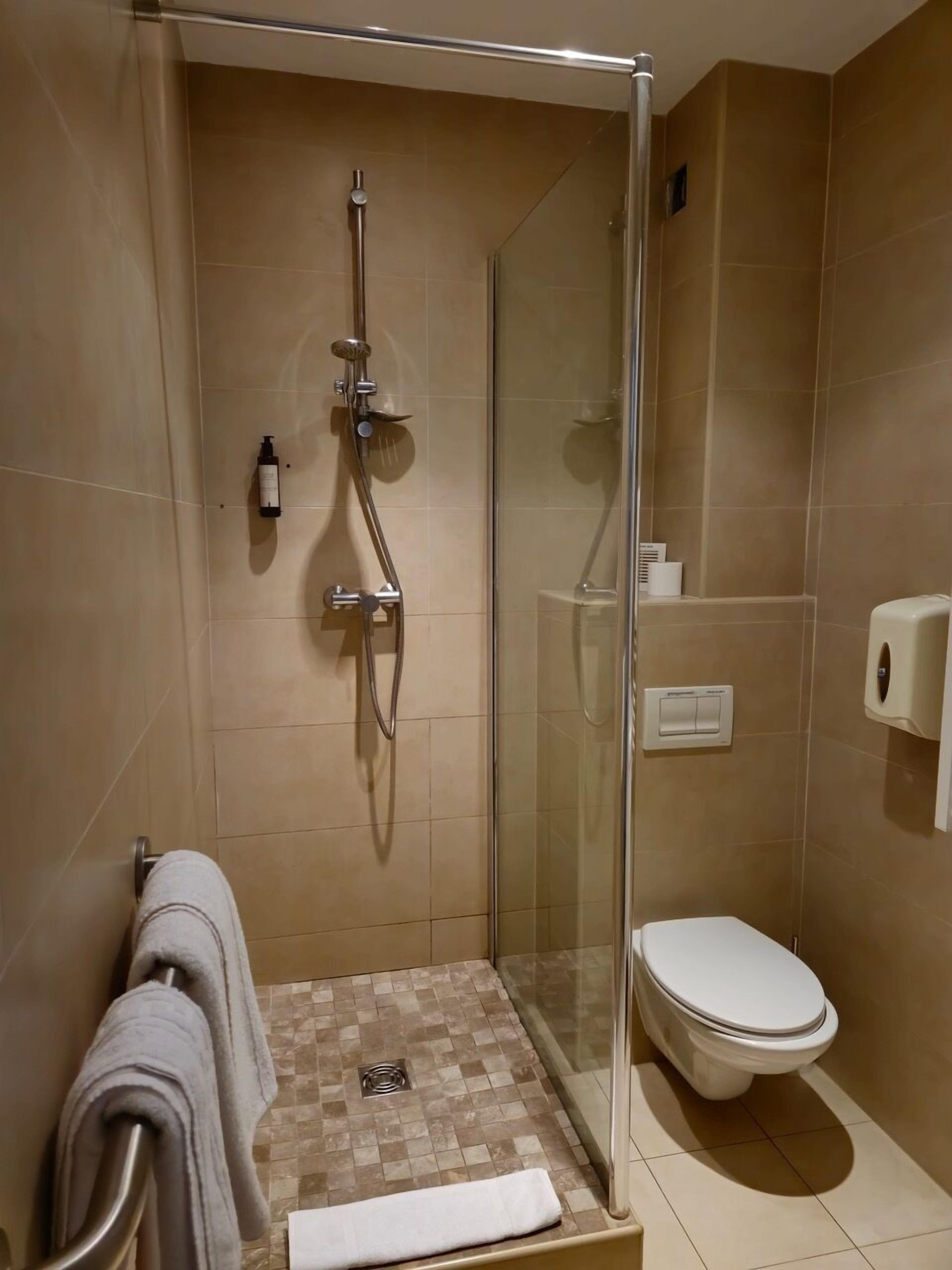 shower, free toiletries, hair dryer, towels