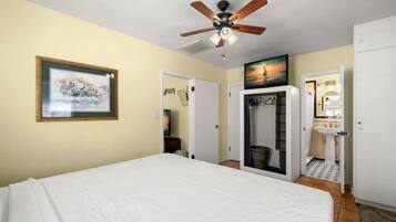 A bedroom with a bed, a ceiling fan, a framed picture, and a bathroom with a sink and mirror.