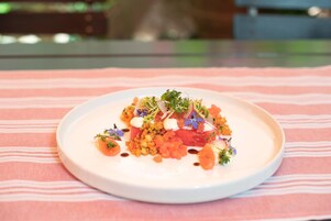 Um prato branco com uma salada colorida sobre uma toalha de mesa rosa listrada.