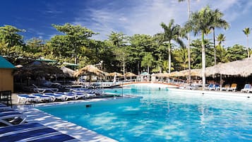 Outdoor pool, pool umbrellas, pool loungers