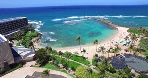 Un complejo turístico en la playa, con vista al océano, palmeras y un edificio con paneles solares.