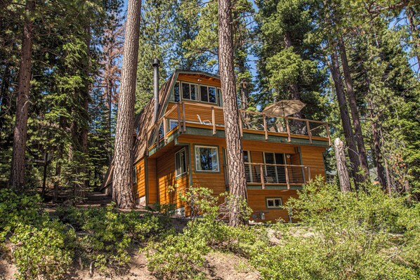 Une cabane en bois entourée de grands arbres, dotée d’un balcon et d’une cheminée.