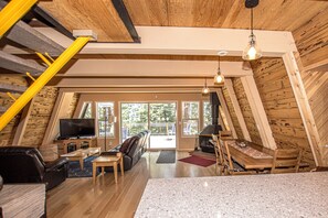 Televisión, chimenea y libros 