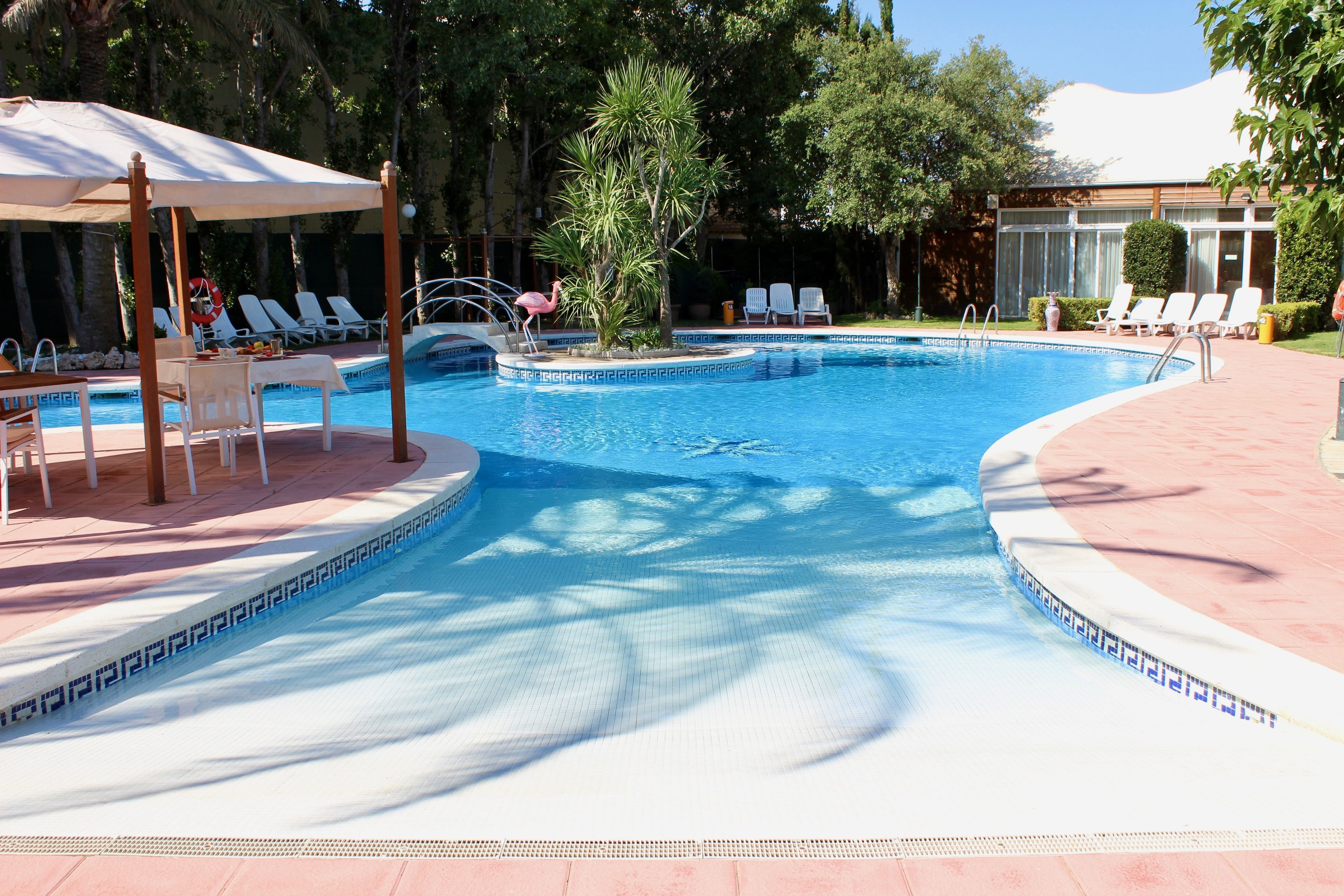 seasonal outdoor pool, pool loungers