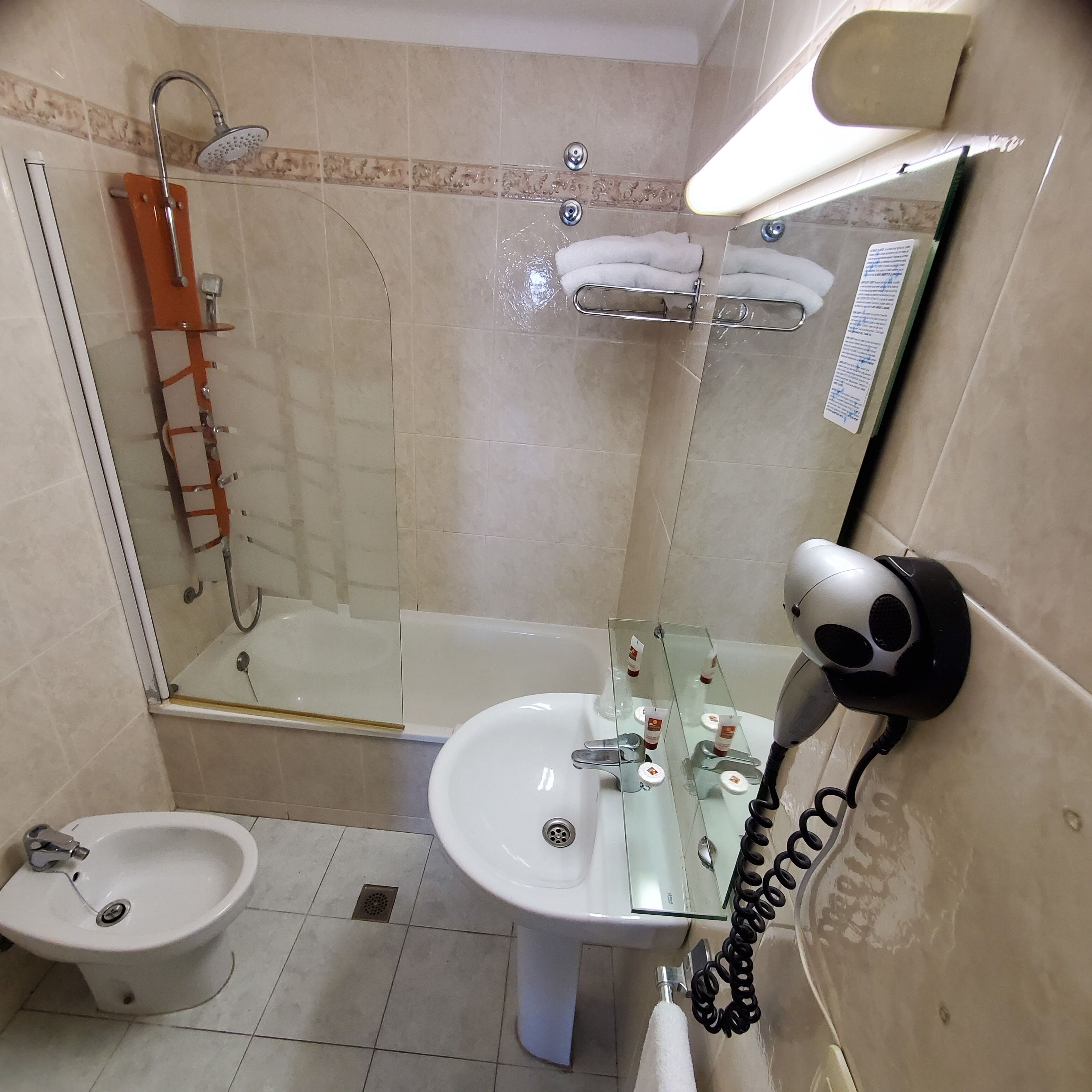 combined shower/bathtub, free toiletries, hair dryer, bidet