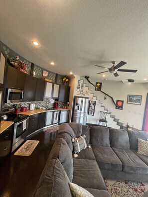 Älytelevisio, takka, DVD-soitin, kirjoja