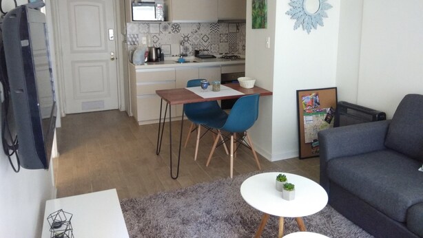 A compact living space with a kitchenette, a dining area with blue chairs, a gray sofa, and a small white table with plants. - Central Santiago (Santiago)