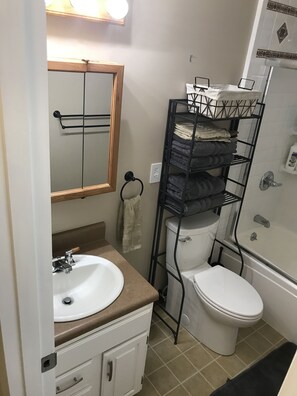 Une salle de bain avec un lavabo blanc, un miroir, des toilettes et une douche.