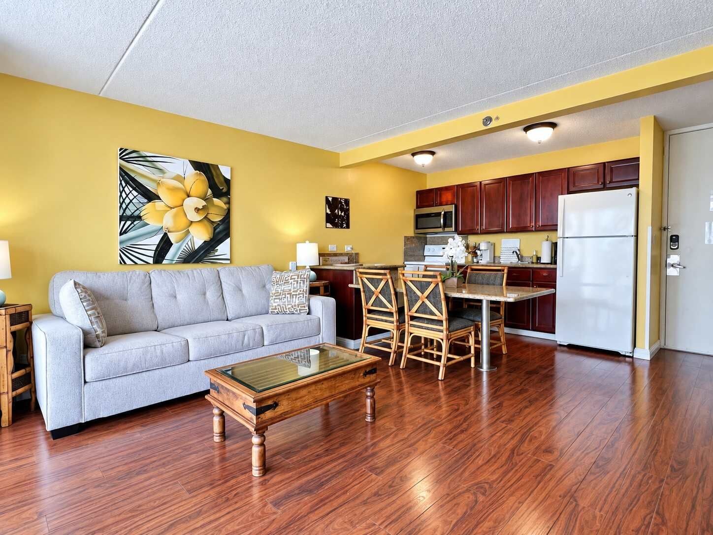 Your living area has a queen-size pull-out sleeper sofa!