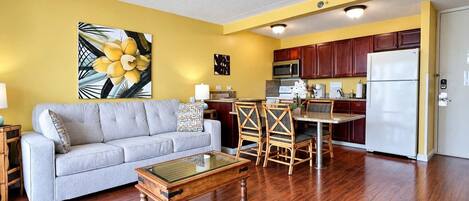 Your living area has a queen-size pull-out sleeper sofa!