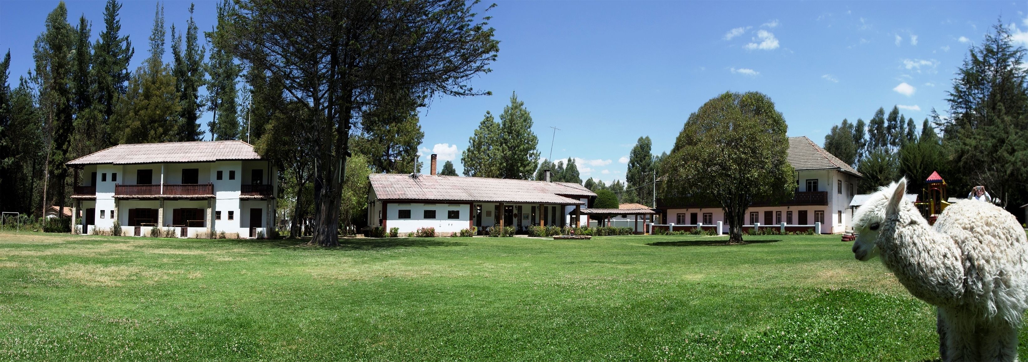 A rural setting with a large white building with a tiled roof, surrounded by trees and a grassy field.