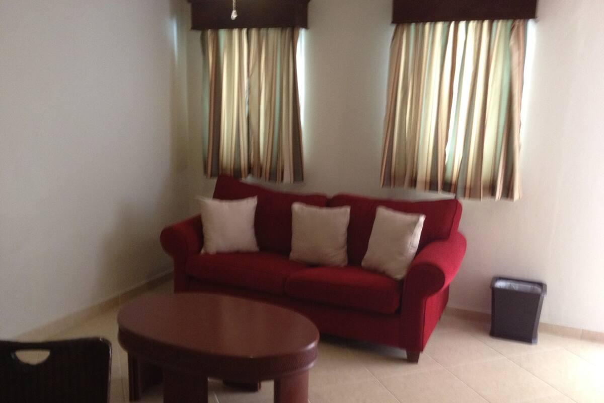 A living room with a red sofa, two white cushions, a wooden coffee table, and a trash bin.