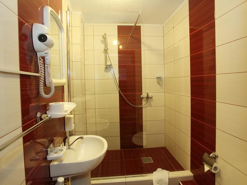 A compact bathroom with a white sink, a handheld showerhead, and a hairdryer mounted on the wall.