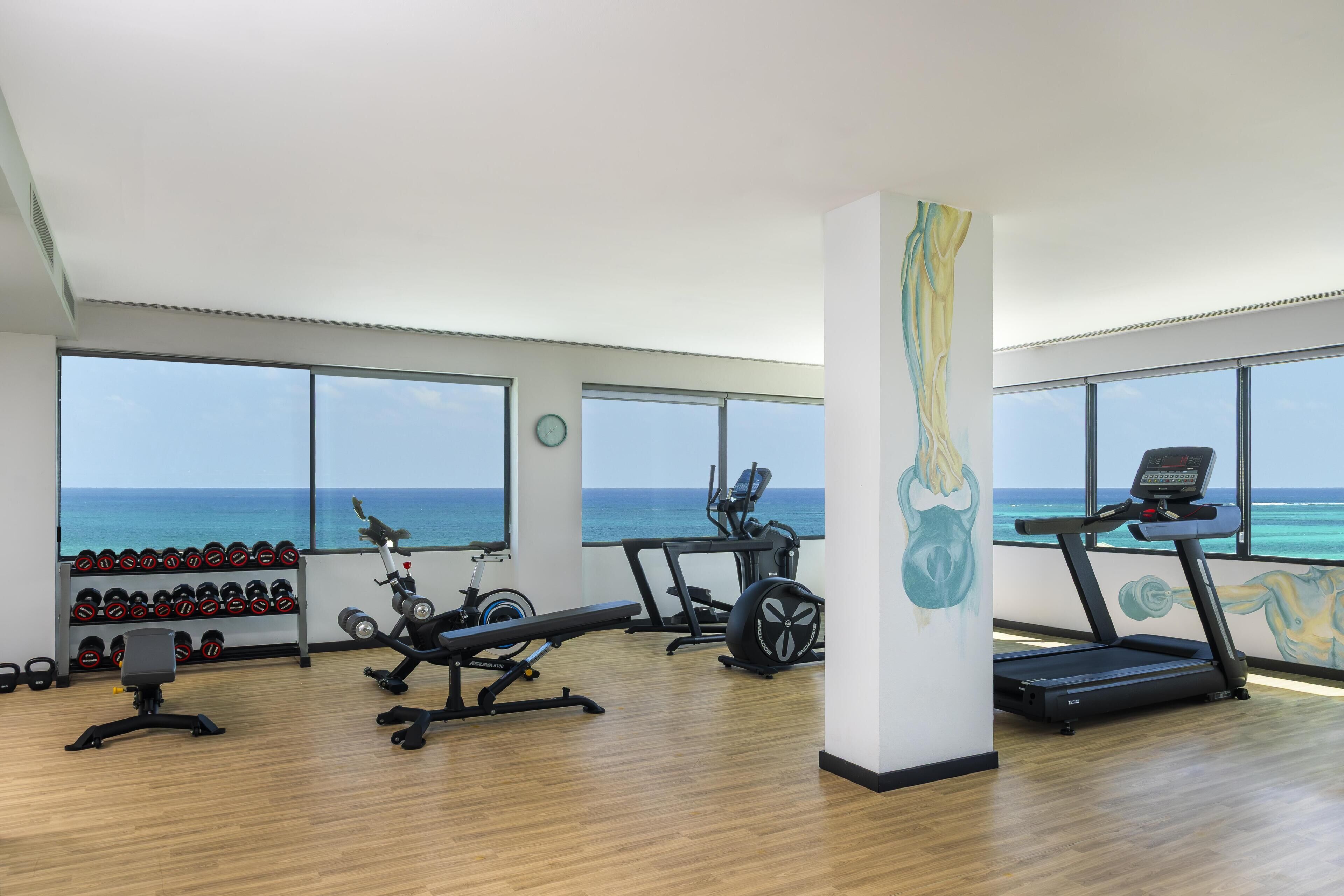 A gym with exercise equipment, a wall with a mural, and large windows overlooking the ocean.
