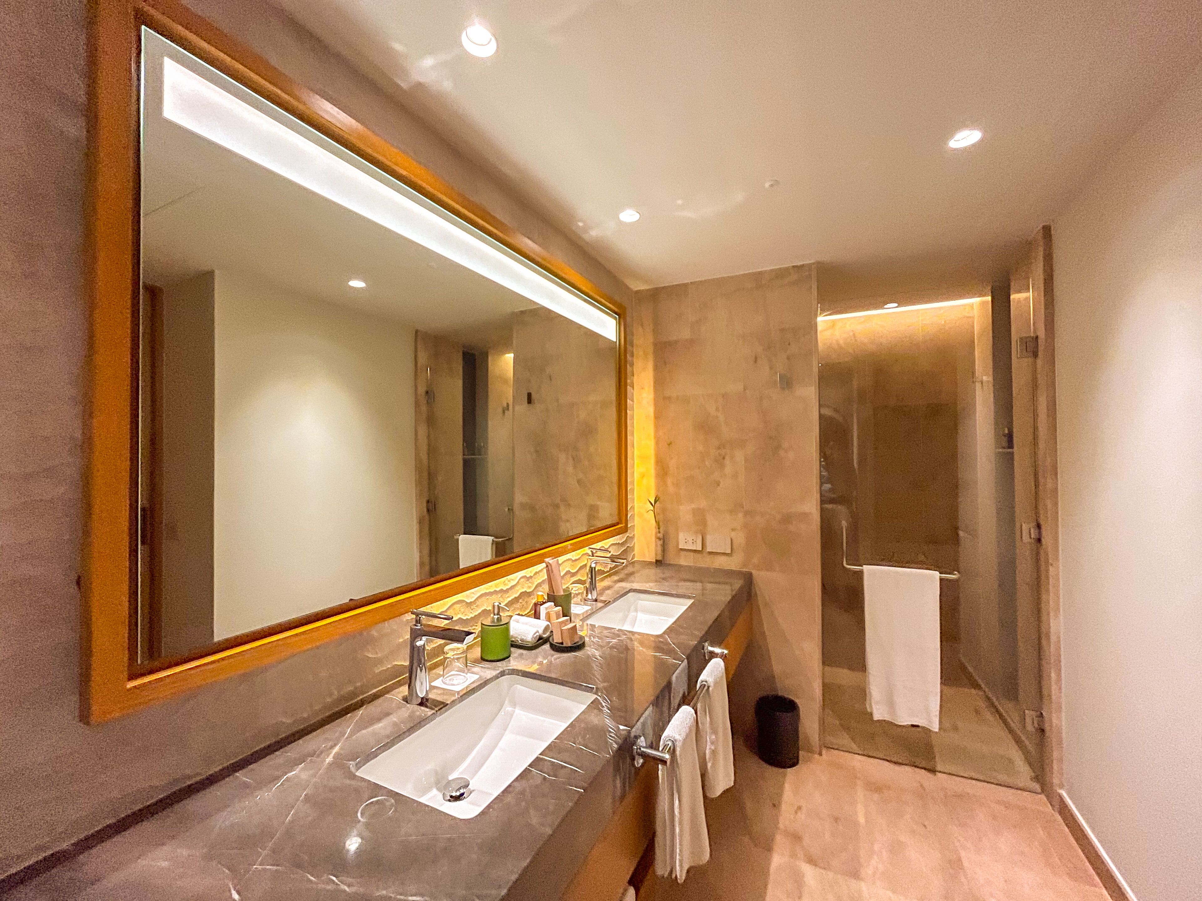 A modern bathroom with two sinks, a large mirror, and a walk-in shower.