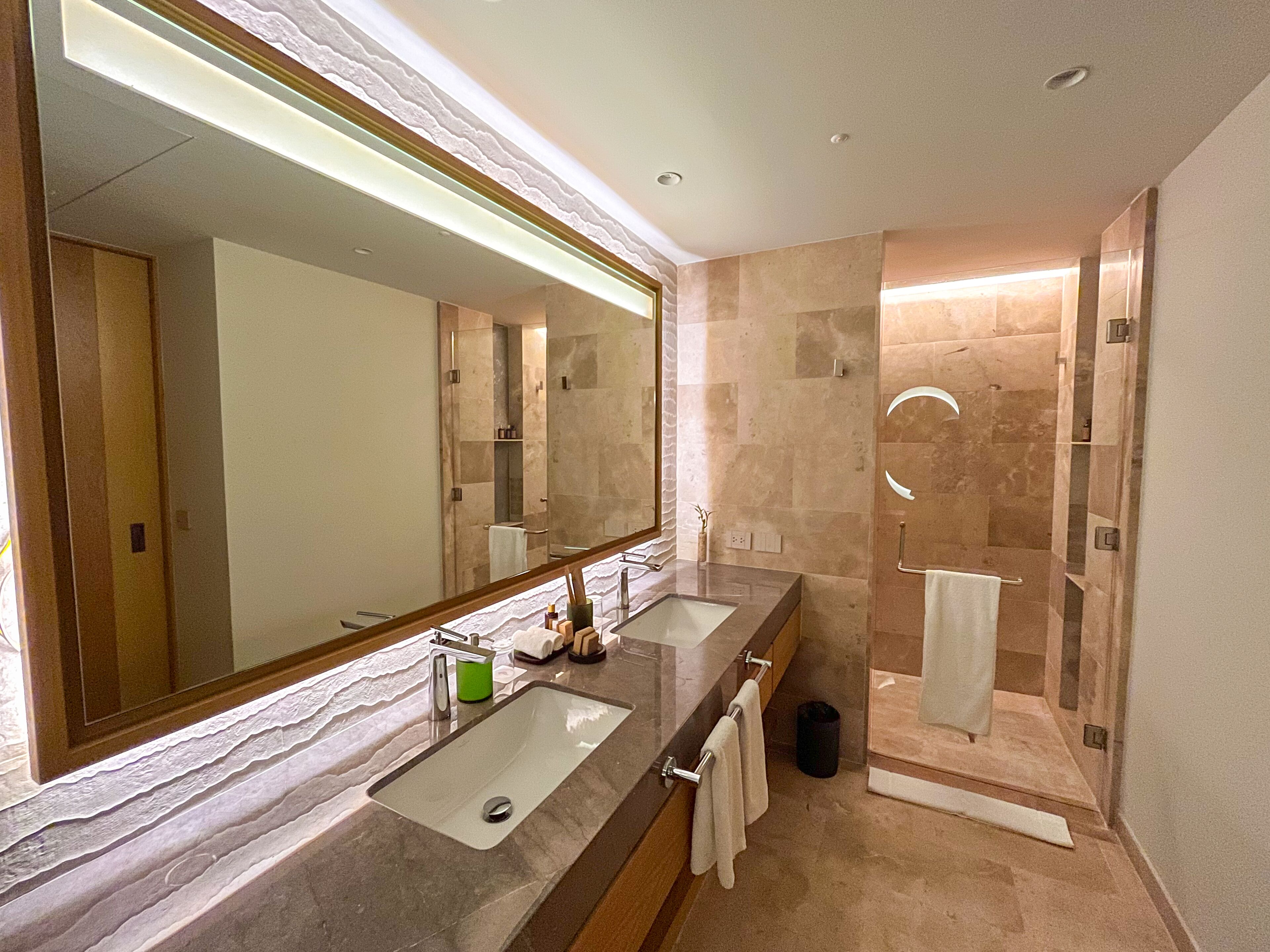A modern bathroom with two sinks, a large mirror, and a walk-in shower.