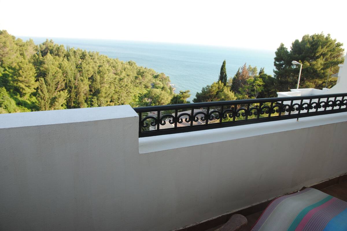 Un balcón con vista al mar y a los árboles.