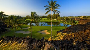 A golf course with a pond, palm trees, and a clear sky. - Fairway S Waikoloa A21 2 Bedroom Condo by RedAwning (Waikoloa)
