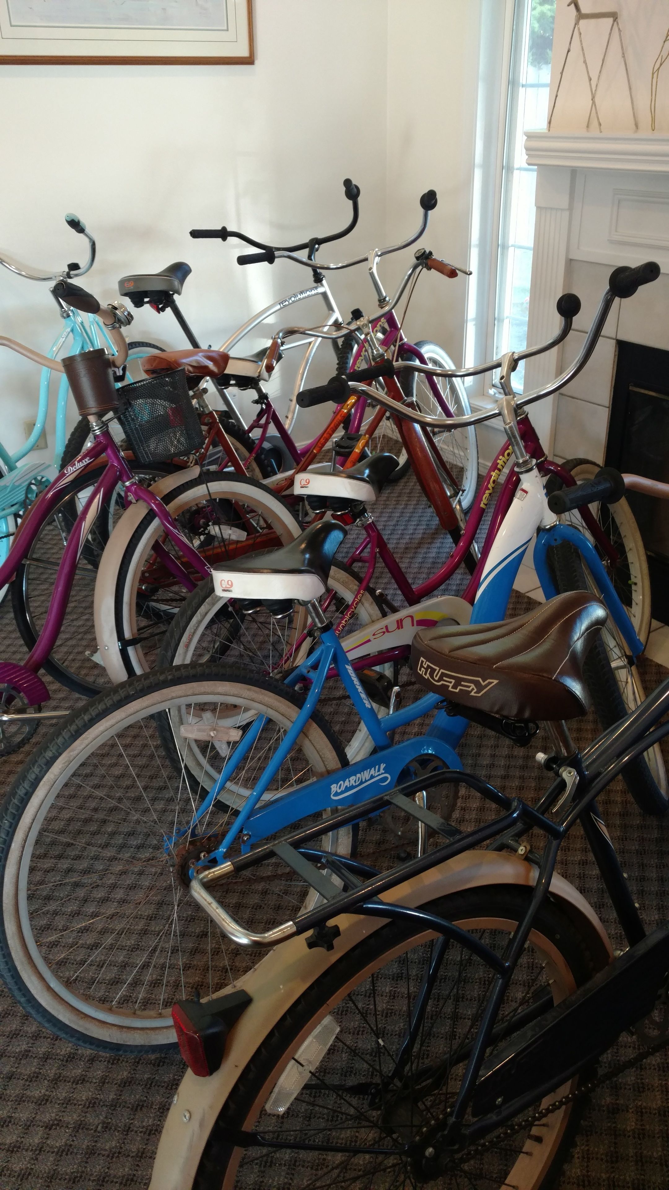 A room with bicycles parked against a wall, a fireplace, and a window with a view of trees.
