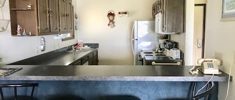 Condo, 1 Queen Bed, Kitchen (No Pets) | Private kitchen | Fridge, microwave, coffee/tea maker, cookware/dishes/utensils
