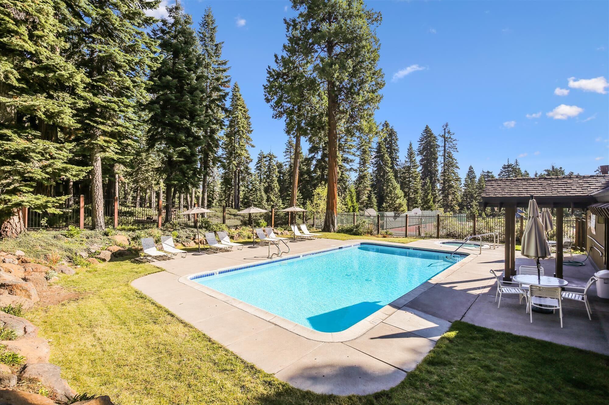 A rectangular swimming pool with a tiled edge, surrounded by a concrete deck. There are lounge chairs and umbrellas along the poolside.