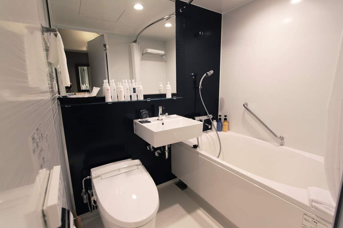 combined shower/bathtub, free toiletries, hair dryer, slippers