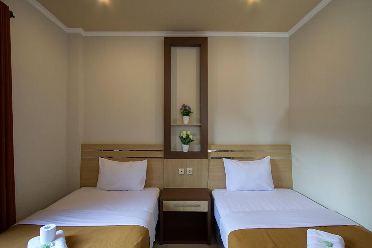 A hotel room with two single beds, a wooden headboard, a small bedside table with a drawer, a mirror, and a shelf with potted plants.