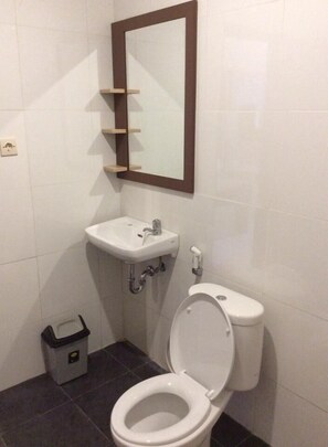 Un baño pequeño con inodoro, lavamanos y espejo.