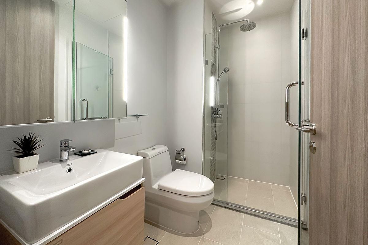 A modern bathroom with a large sink, toilet, and glass shower enclosure.