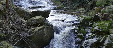 Una cascada natural rodeada de rocas y vegetación.