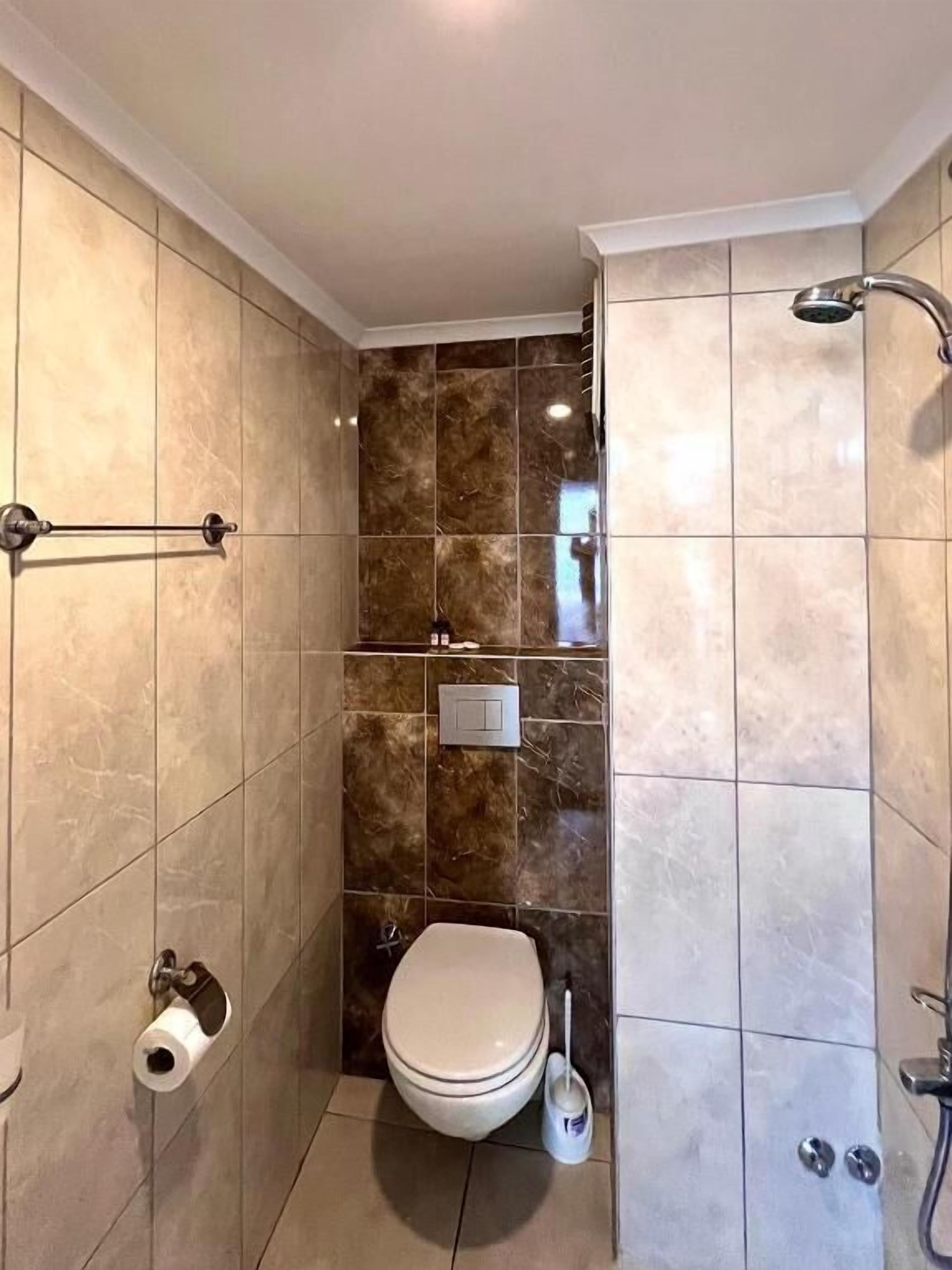 A bathroom with a toilet, a shower, and a towel rack.