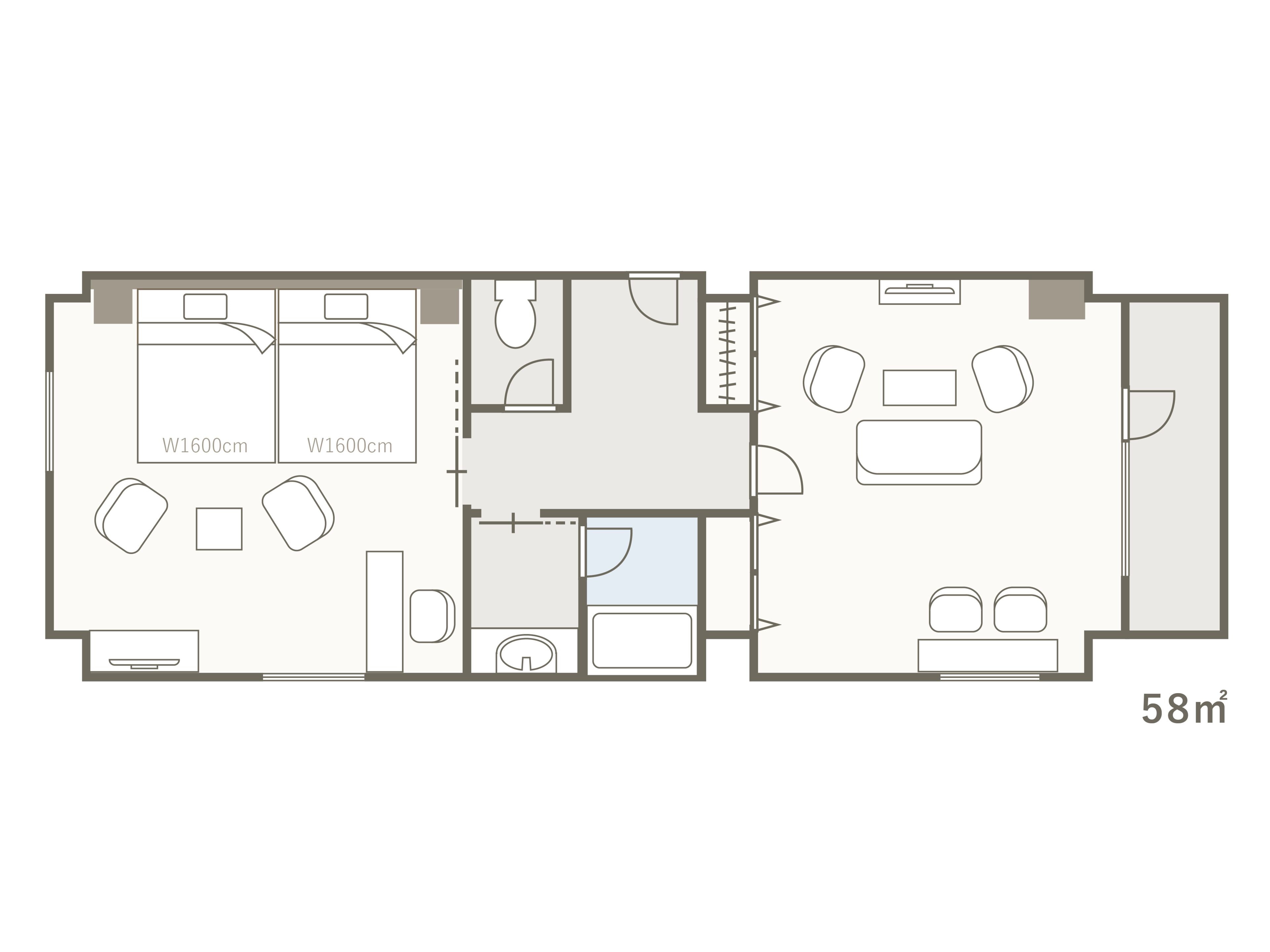 Planta baixa de um apartamento de 58m², com dois quartos de 1600cm, cozinha, sala de jantar e banheiro.