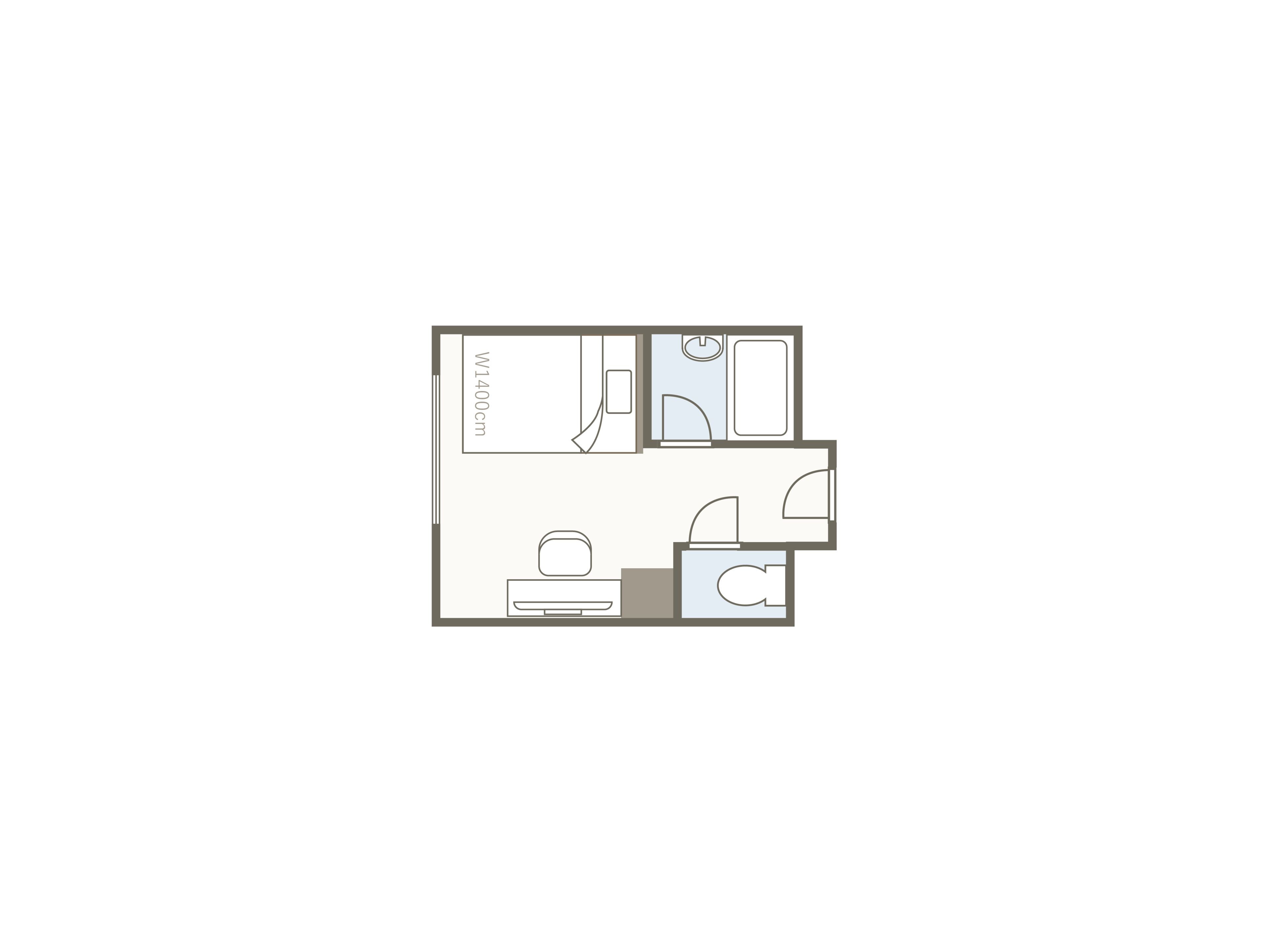 A floor plan of a hotel room with a bed, a desk, a chair, a wardrobe, and a bathroom.