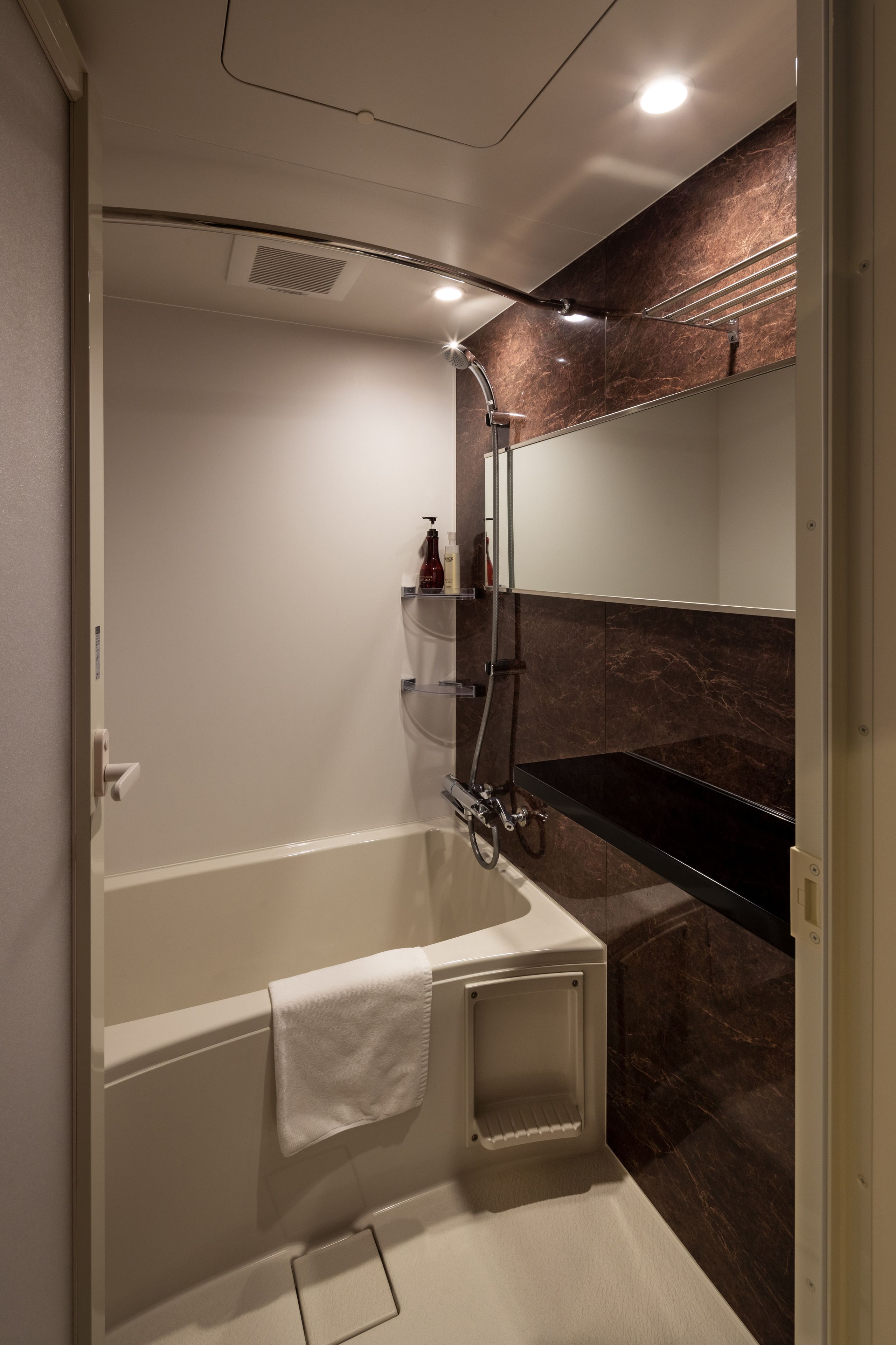 A modern bathroom with a bathtub, a shower, and a vanity.