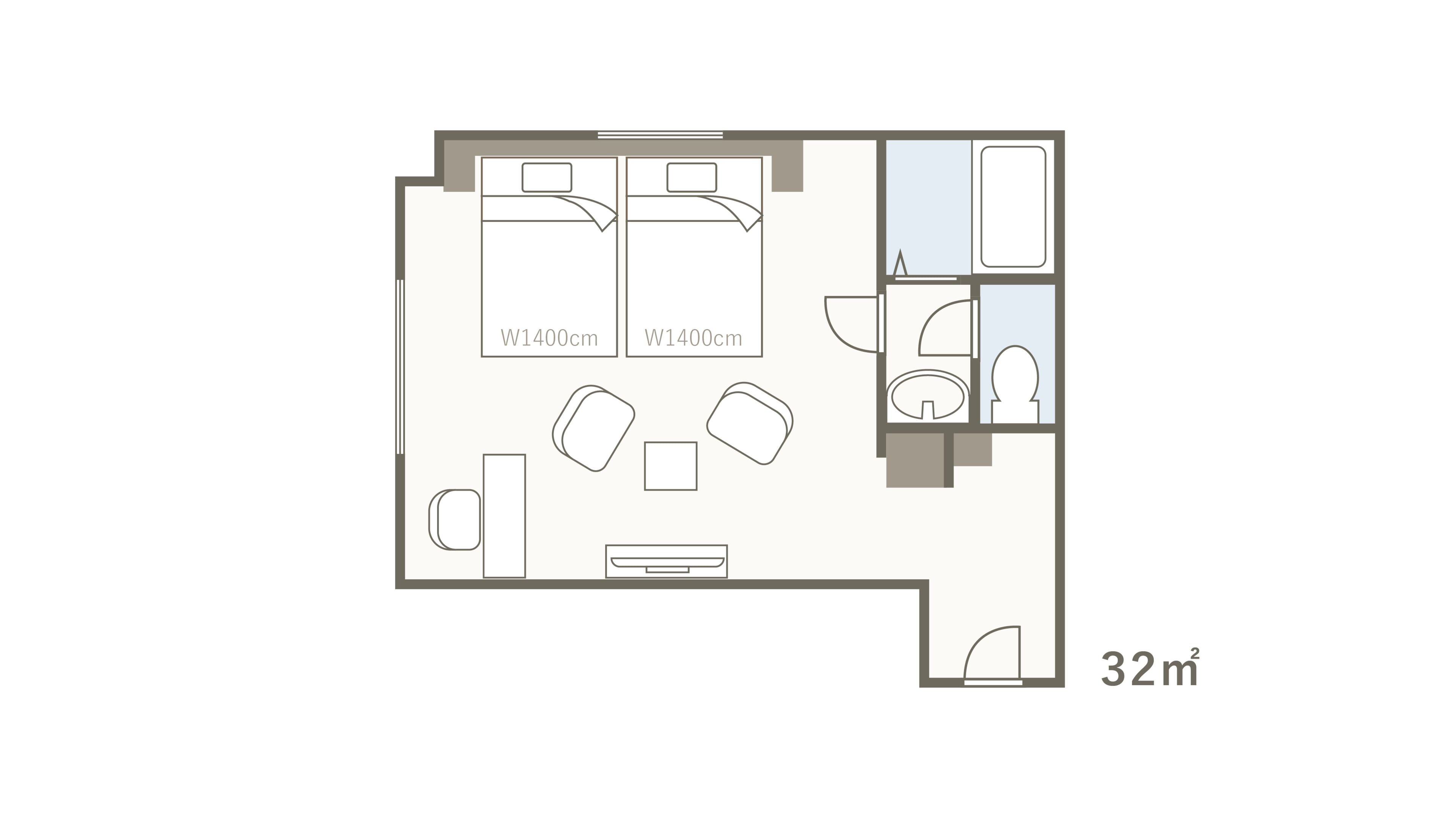A 32m² room layout with two W1400cm beds, a small bathroom, a kitchenette, and a seating area.