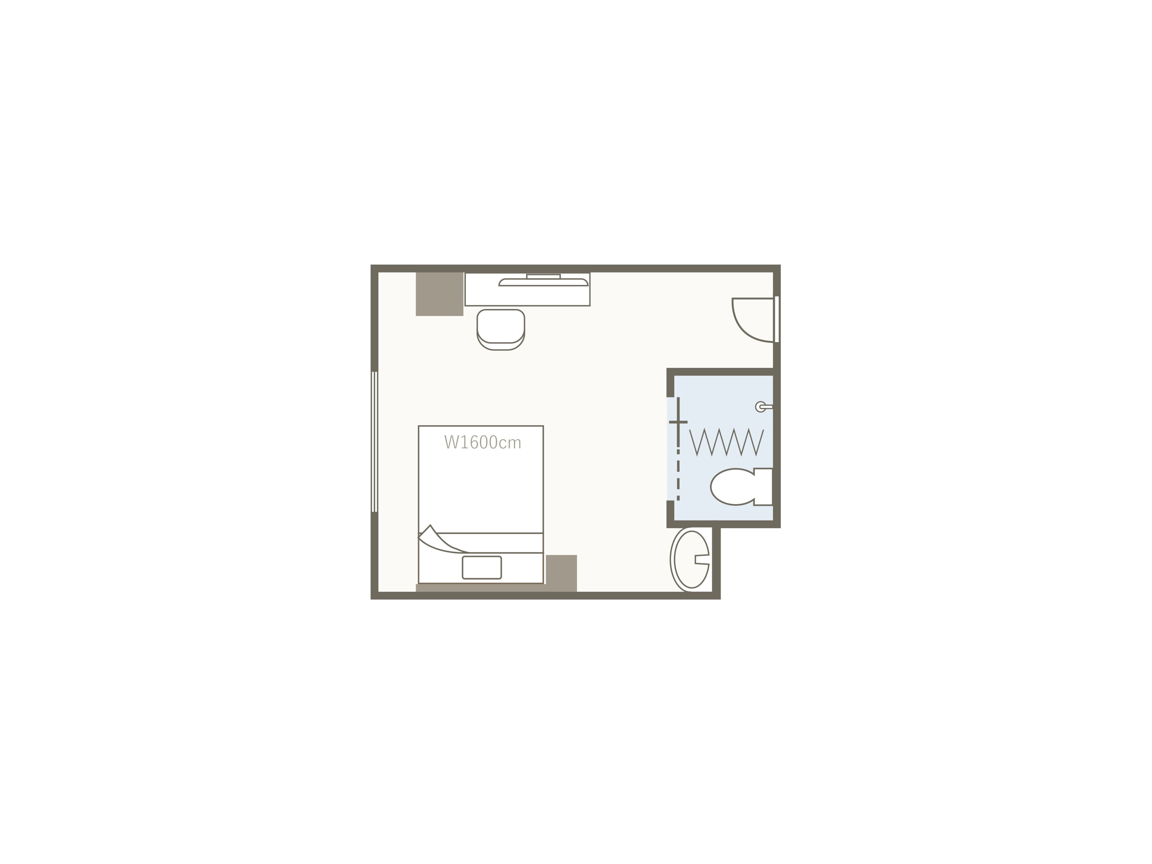 A floor plan of a hotel room with a bed, a desk, a bathroom, and a window.