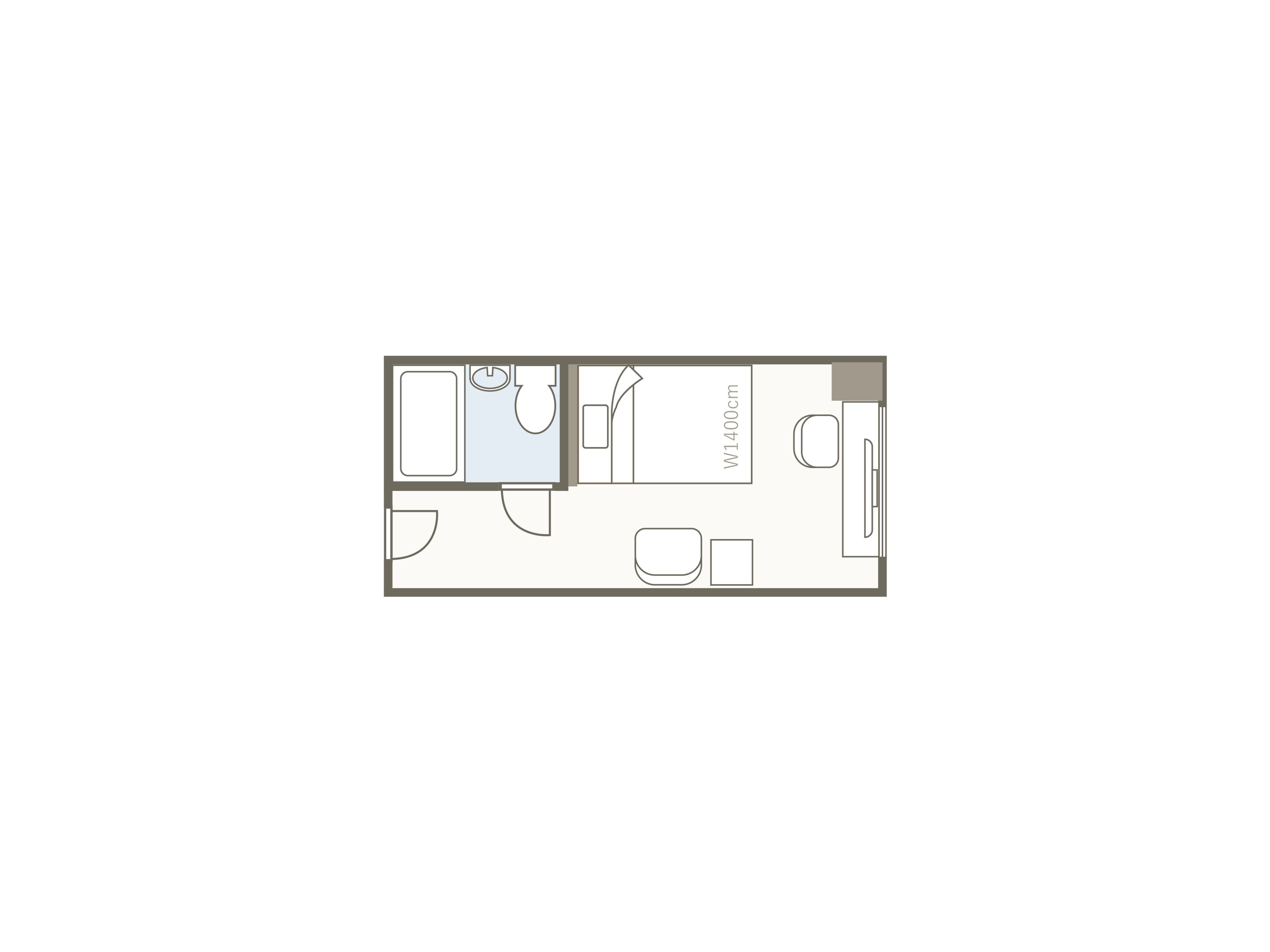 Un plan d’étage d’une chambre d’hôtel comprenant une salle de bain, un coin cuisine et un espace salon.