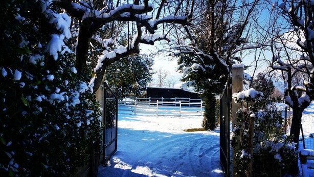 Un sendero cubierto de nieve que conduce a un área cercada con un edificio al fondo.