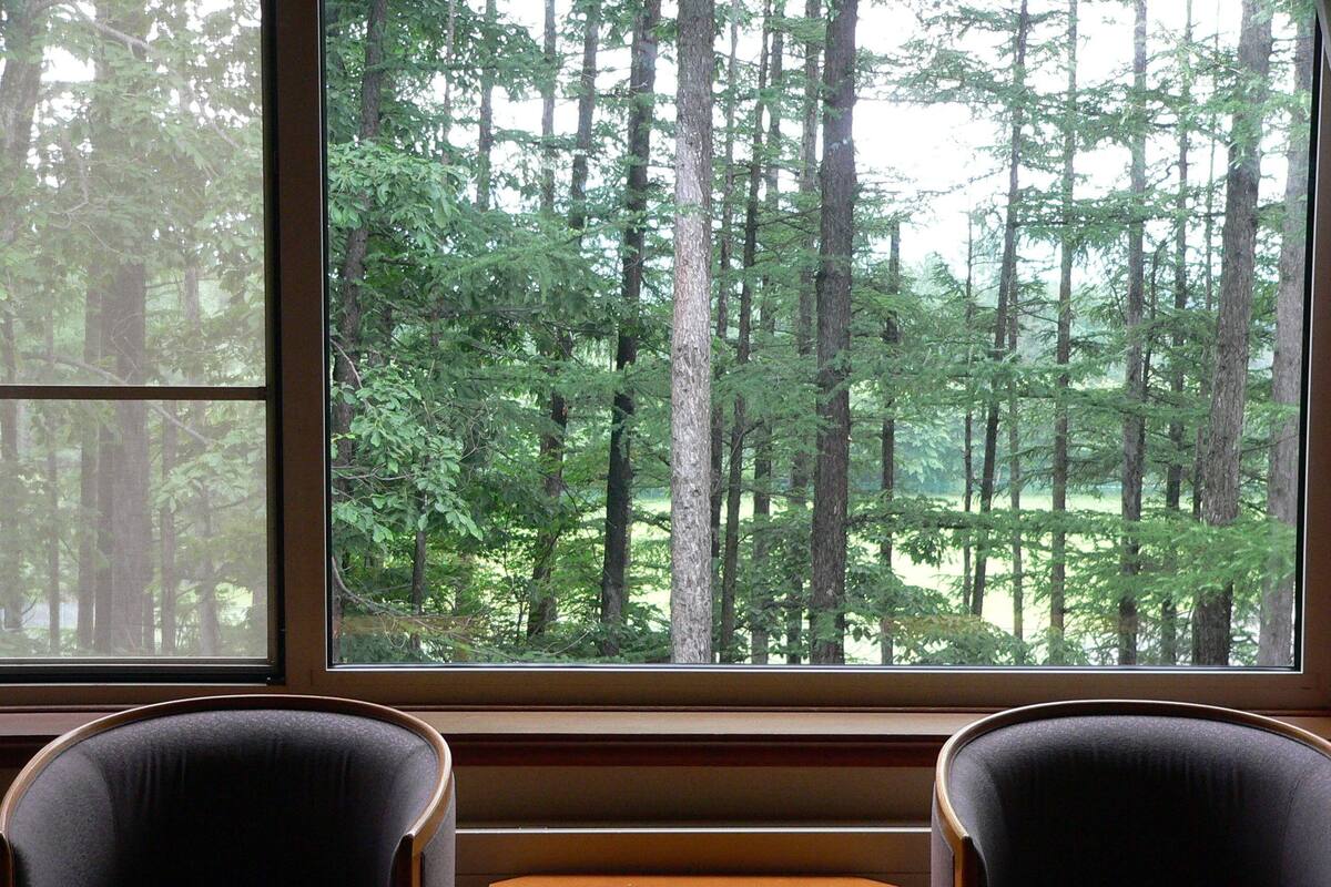 Habitación con un ventanal grande que da a un bosque frondoso. En primer plano, hay dos sillas y una mesita.