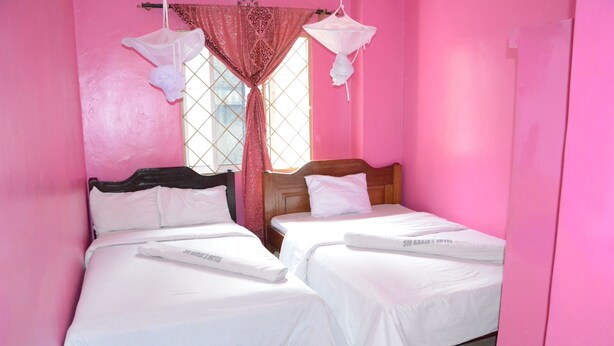 A room with two beds, pink walls, and a window with a curtain. - Sir Kanja's Hotel (Nairobi)