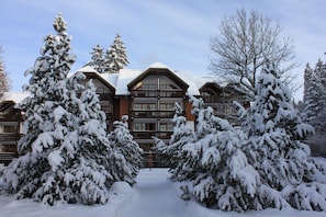Eine Lodge mit einer symmetrischen Fassade, mehreren Balkonen und schneebedeckten Bäumen im Vordergrund.