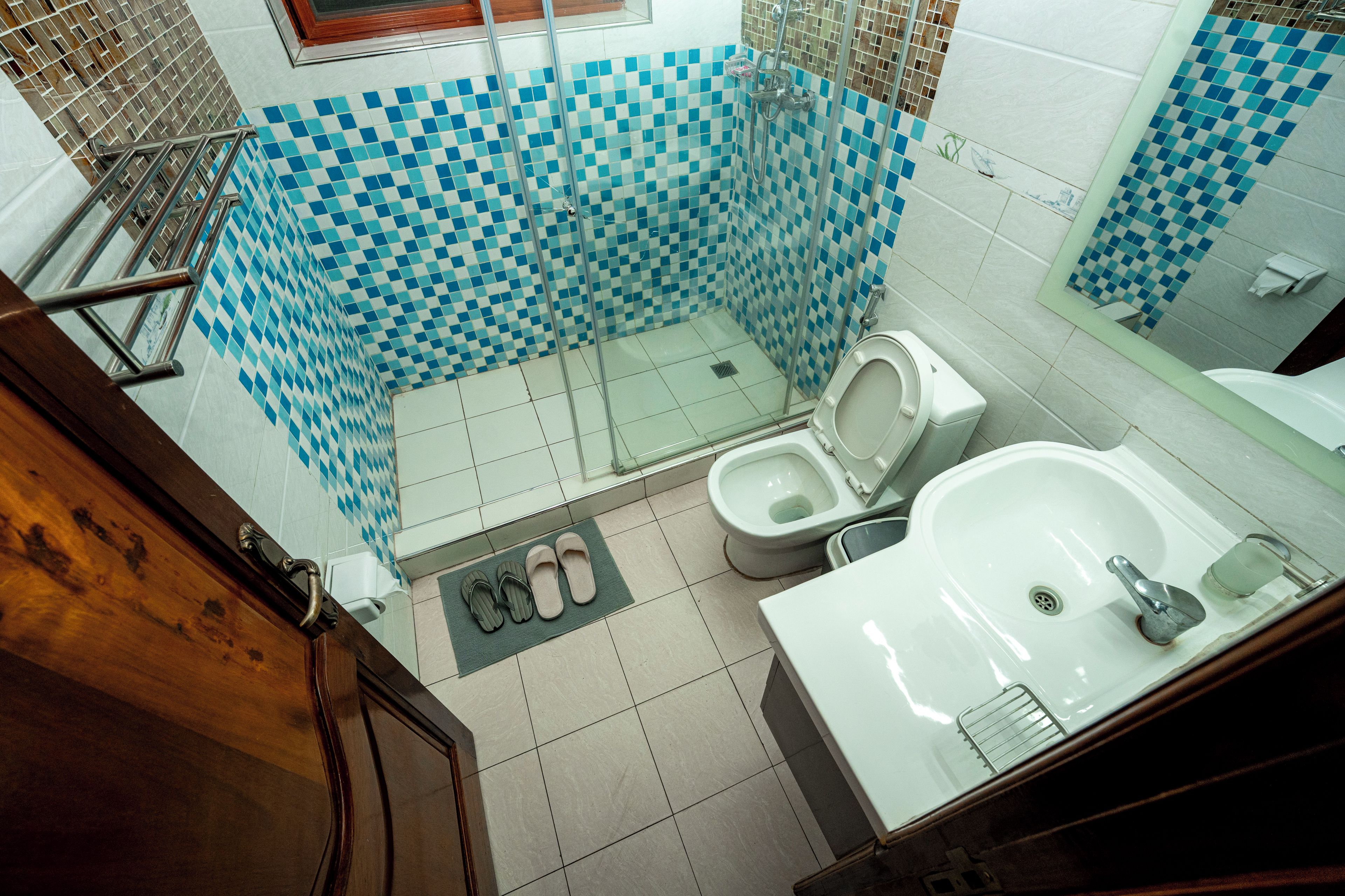 Un baño con suelo de baldosas azules y blancas formando un diseño de cuadros, un inodoro, un lavabo y una zona de ducha.