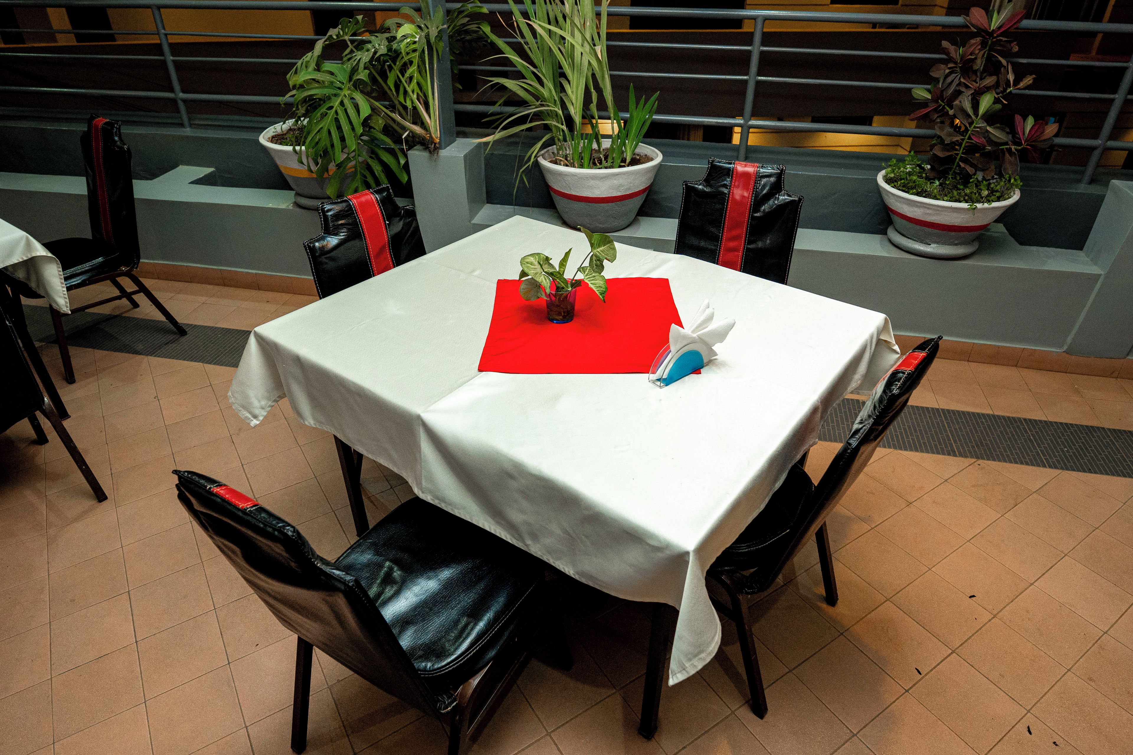 Un coin repas avec une table dressée pour deux personnes, des chaises, des plantes en pot et une serviette rouge.
