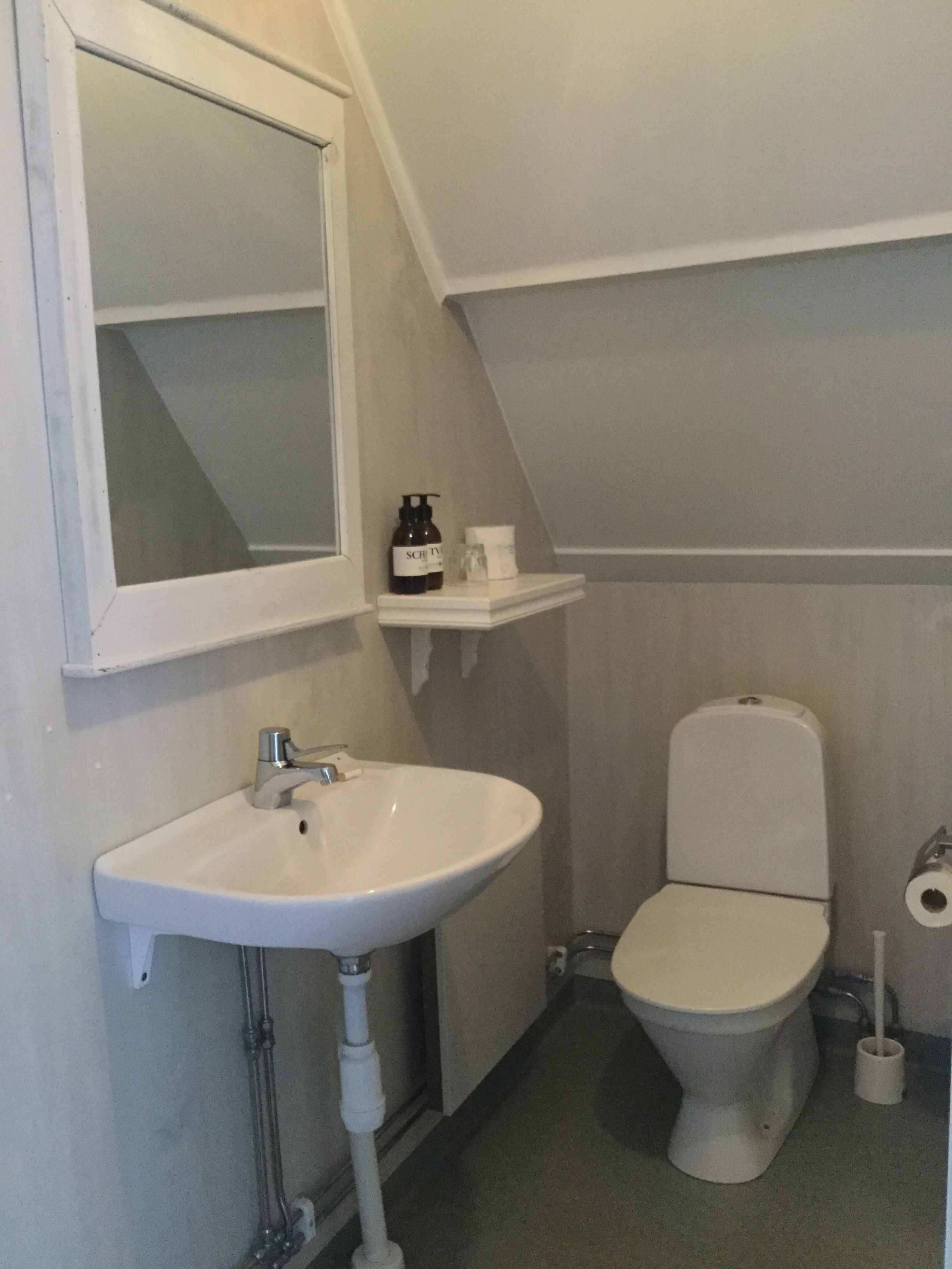 Un bagno piccolo con un lavandino bianco, uno specchio, un water e uno scaffale con articoli da toilette.