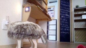 A room with a wooden desk, a chalkboard with writing, and a pair of pink slippers on the floor. - Guest House Asahikawa Ride - Hostel (Asahikawa)